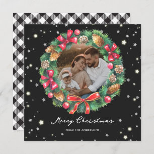 Cartão De Festividades Elegante Black White Xadrez Stars Foto Natal