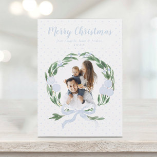 Cartão De Festividades Elegante Blue Arco Garland Wreath Foto de Natal Ho