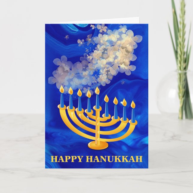 Cartão De Festividades Elegante Blue E Dourado Menorah Happy Hanukkah (Frente)