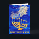 Cartão De Festividades Elegante Blue E Dourado Menorah Happy Hanukkah<br><div class="desc">O Elegante Blue And Dourado Menorah Happy Hanukkah Holiday Card apresenta textura azul de mármore líquido,  flores douradas de aquarela e velas de Hanukkah.O dentro do cartão tem uma mensagem pessoal modelo.Clique no botão personalizar para personalizá-lo com seu próprio texto.</div>
