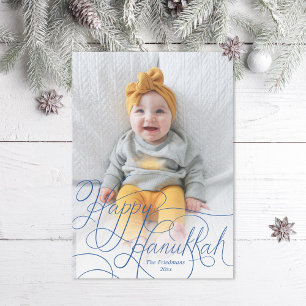 Cartão De Festividades Elegante Blue Hand Lettered Happy Hanukkah Photo