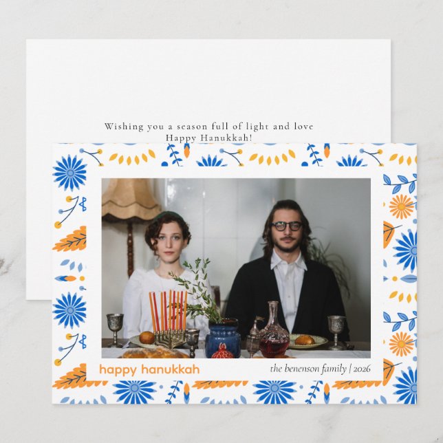 Cartão De Festividades Elegante Blue Happy Hanukkah Family 1 Foto (Frente/Verso)