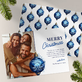 Cartão De Festividades Elegante Blue Ornament Photo Christmas