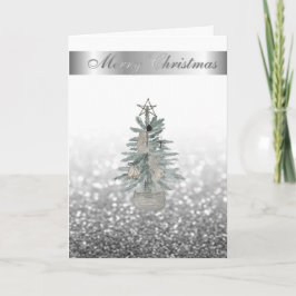 Cartão De Festividades Elegante Bokeh Prata, Árvore de Natal Aquarela