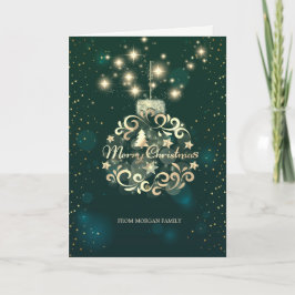 Cartão De Festividades Elegante Bola de Natal Verde e Dourado Falso