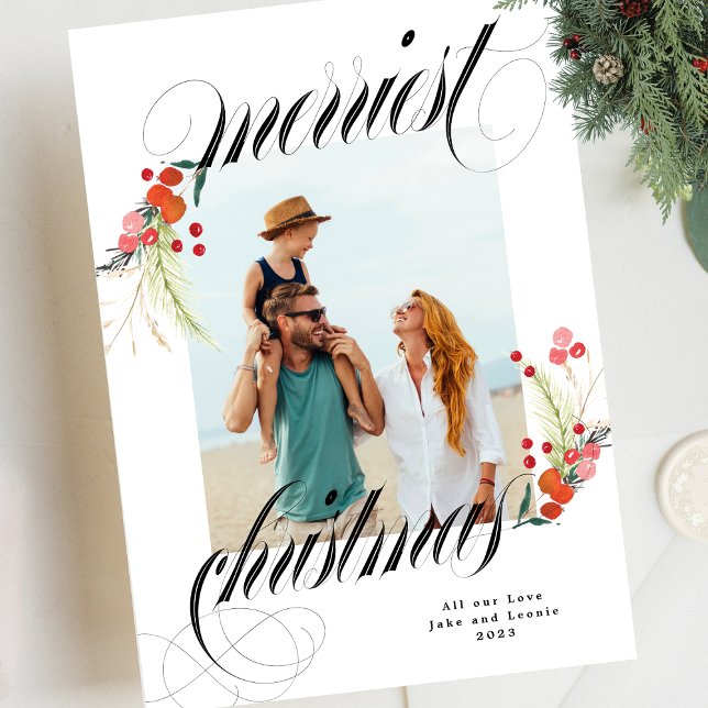 Cartão De Festividades Elegante Botânico Merriest Christmas One Photo (Criador carregado)