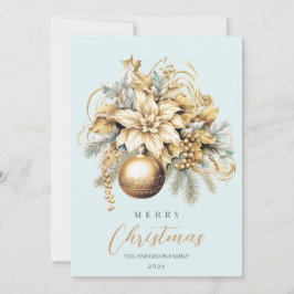 Cartão De Festividades Elegante buquê de Natal luxuoso dourado e azul clá