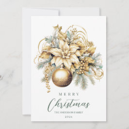 Cartão De Festividades Elegante buquê de Natal luxuoso dourado e azul clá