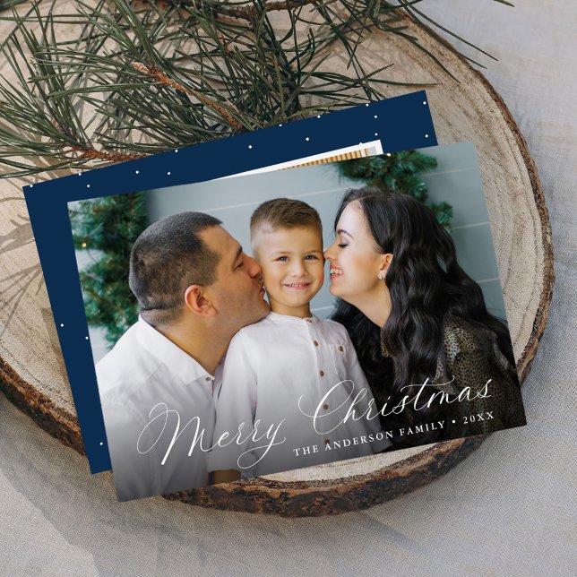 Cartão De Festividades Elegante Caligrafia Feliz Marinho de Natal 2 Foto (Criador carregado)