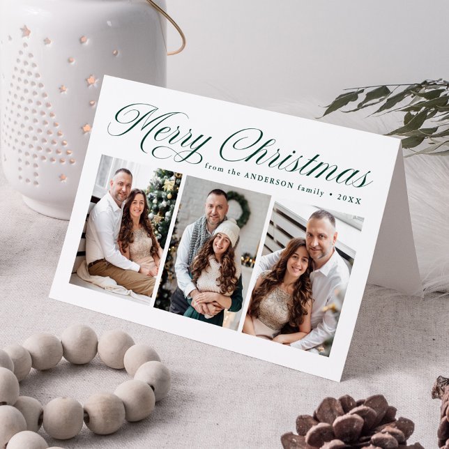 Cartão De Festividades Elegante Caligrafia Verde Feliz Natal 3 Foto (Criador carregado)