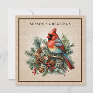 Cartão De Festividades Elegante Cardinal Pinhas Floresta em Burlap Luxo