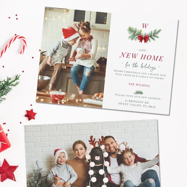 Cartão De Festividades Elegante Casa Moderna Família Monograma 2 Fotos (new home address family holidays card two photos red green botanical spruce bow elegant modern chic)