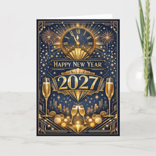 Cartão De Festividades Elegante Celebração de Ano Novo em Ouro Art Déco