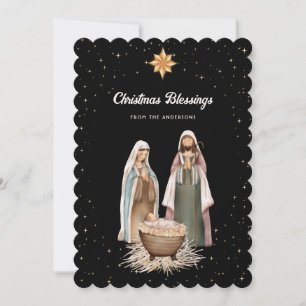 Cartão De Festividades Elegante Cena de Natal Preto Estrelas Cristão