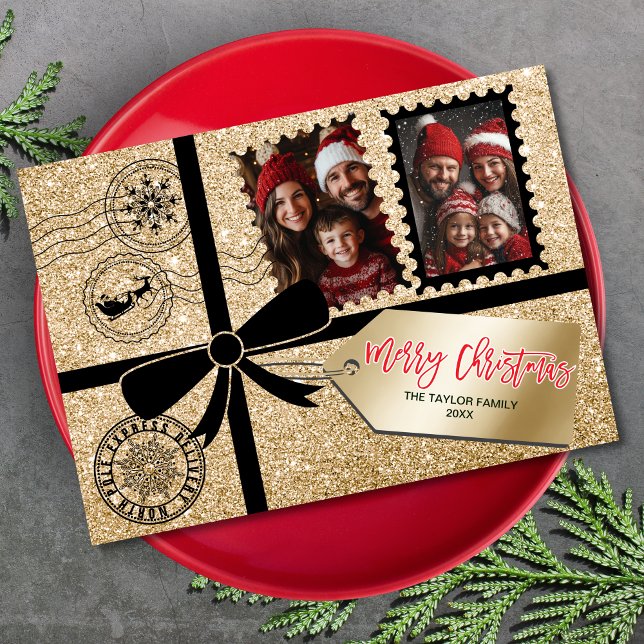 Cartão De Festividades Elegante Chic Dourado Gift Foto de Arco Feliz Nata (christmas card designed like a gift box with gold glitter ribbon, bow and gift tag)