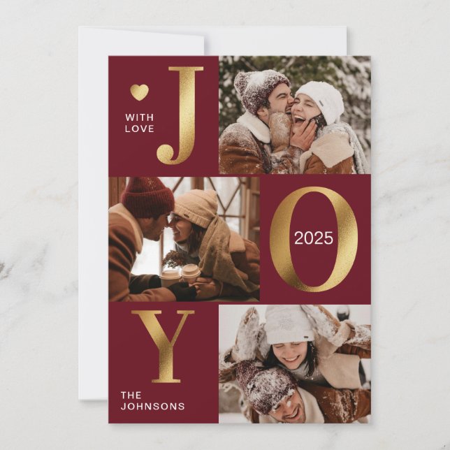 Cartão De Festividades Elegante Chic Red Dourado Fotografia Collage Natal (Frente)