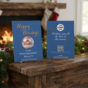 Cartão De Festividades Elegante Código QR de Logo Azul Marinho Dourado Si