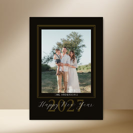 Cartão De Festividades Elegante Colagem de 4 Fotos Preto Dourado Ano Novo