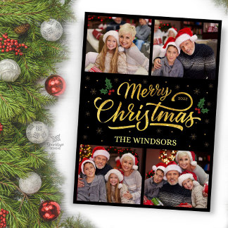 Cartão De Festividades Elegante Colagem de Fotos de Natal com Azevinho em
