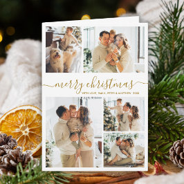 Cartão De Festividades Elegante Colagem de Fotos de Natal em Dourado e Br