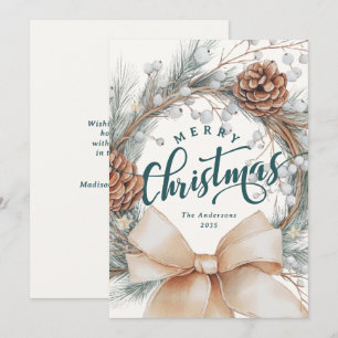 Cartão De Festividades Elegante Coroa Botânica de Natal com Letra Alegre