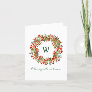 Cartão De Festividades Elegante Coroa de Natal em Aquarela Verde Vermelho