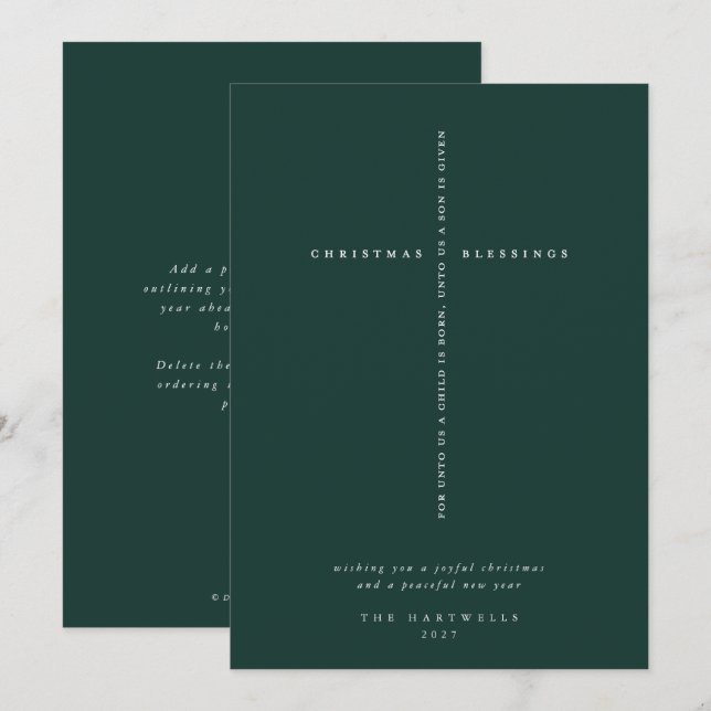 Cartão De Festividades Elegante Cruz Escrita em Verde Escuro (Frente/Verso)