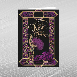 Cartão De Festividades Elegante Dama Leopardo Dourado Roxo Ano Novo Art D