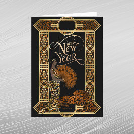 Cartão De Festividades Elegante Dama Leopardo em Ouro e Cobre Ano Novo Ar