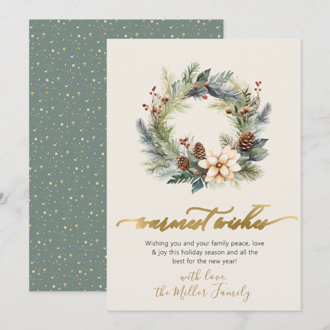 Cartão De Festividades Elegante Desejo Caloroso Dourada Mancha Verde (Frente/Verso)