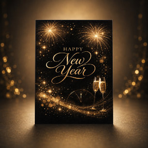 Cartão De Festividades Elegante Design de Ano Novo com Brilho Dourado