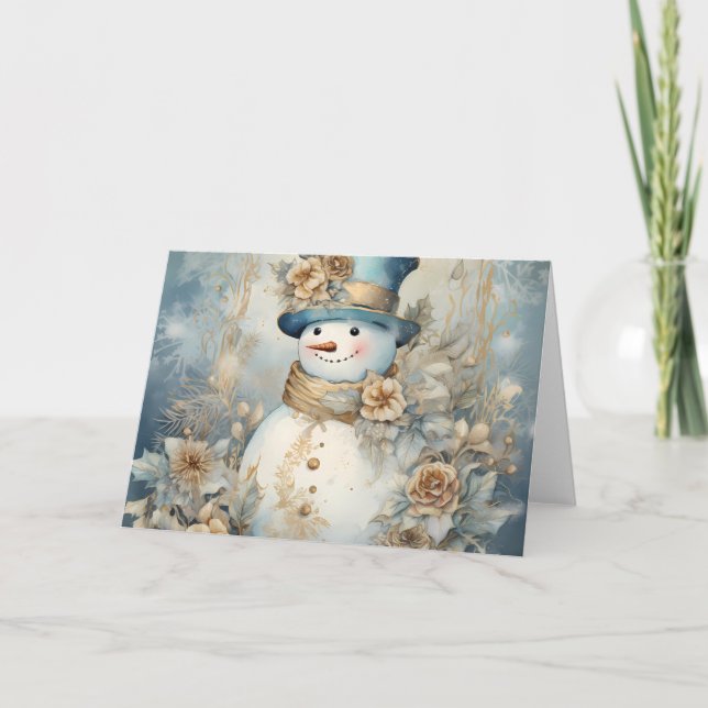 Cartão De Festividades Elegante Design de Feriado Azul e Dourado Snowman (Frente)