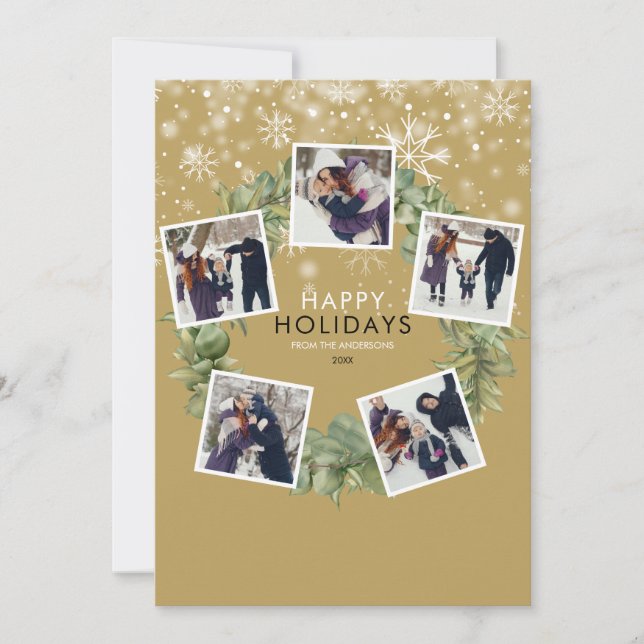 Cartão De Festividades Elegante Dourado 5 Foto Greenery Wreath Natal (Frente)