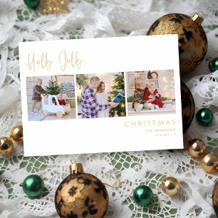 Cartão De Festividades Elegante Dourado Efeito Holly Jolly 3 Fotos Natal