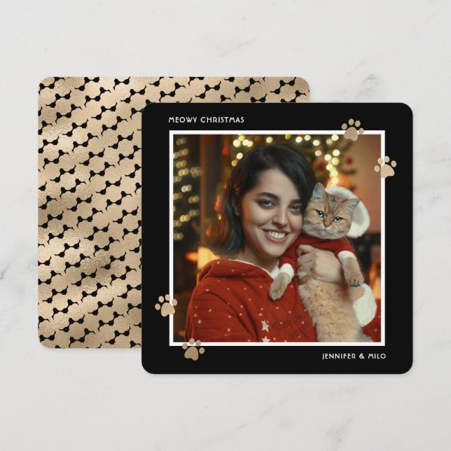 Cartão De Festividades Elegante Dourado Proprietário de Gato Negro Foto F (Frente/Verso)