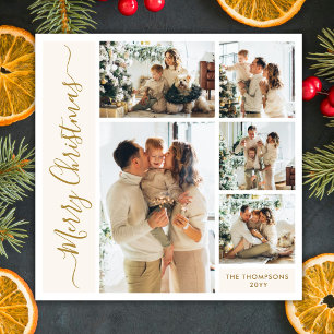 Cartão De Festividades Elegante Dourado Script Marfim 5 Fotos Família Nat