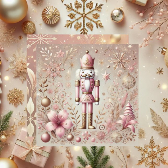 Cartão De Festividades Elegante e Excêntrico Nutcracker Rosa e Dourado Pa (Criador carregado)