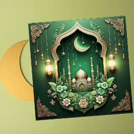 Cartão De Festividades Elegante Eid Mubarak Crescent Mesquita Floral Verd