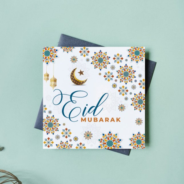 Cartão De Festividades Elegante Eid Mubarak Lua Estrelas (eid cards happy mubarak eid al adha islam calligraphy ramadan kareem arabic muslim moon white blue)