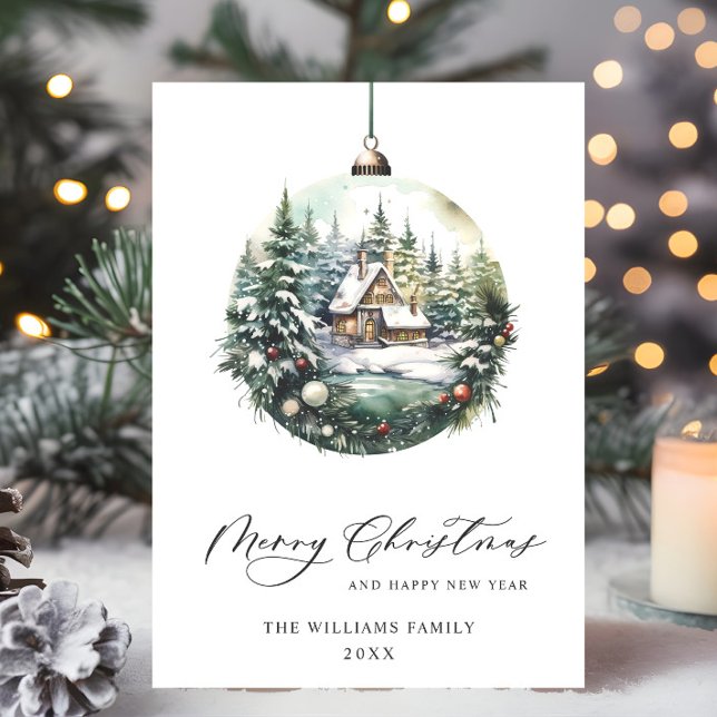 Cartão De Festividades Elegante Enfeite de Natal em Aquarela Saudação (Criador carregado)