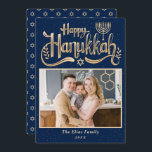 Cartão De Festividades Elegante Feliz Marinho Hanukkah Foto Azul e Dourad<br><div class="desc">Cartão de Férias Azul e Dourado do Marinho Hanukkah Feliz Elegante</div>