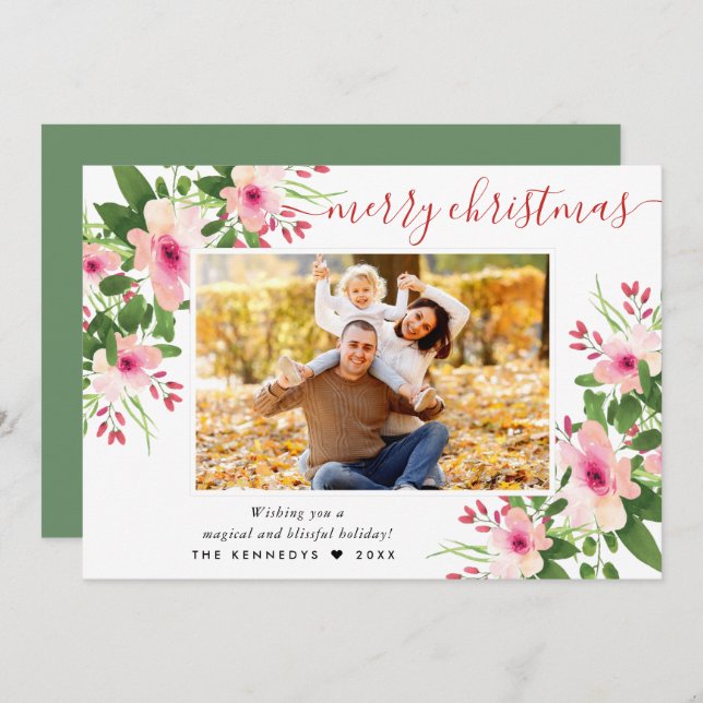 Cartão De Festividades Elegante Feliz Natal Aquarela Foto Floral (Frente/Verso)