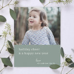 Cartão De Festividades Elegante Feliz Natal | Cinza Verde Fotografia<br><div class="desc">Cartão com fotos simples, na moda, elegante e plano de férias, com moderno e mínimo de tipografia, cita "alegria de férias e um feliz ano novo" em branco, num fundo verde cinza da floresta. O nome, o ano e a saudação podem ser facilmente personalizados para um toque pessoal. Um cartão...</div>