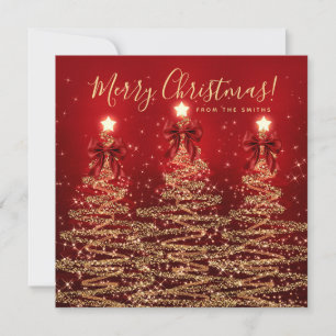 Cartão De Festividades Elegante Férias Dourado Vermelho Árvores de Natal