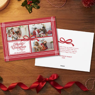 Cartão De Festividades Elegante Fita de Laço Vermelho Natal Família Foto 