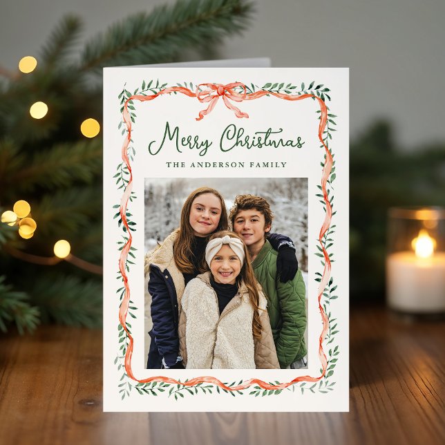 Cartão De Festividades Elegante Fita Vermelha e Creme Verde (Criador carregado)