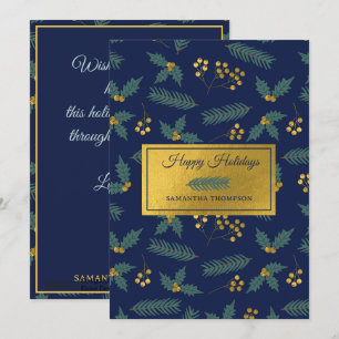 Cartão De Festividades Elegante Folha de Natal Botânica Azul Dourado