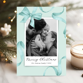 Cartão De Festividades Elegante Foto com Laço Azul Natal