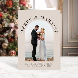 Cartão De Festividades Elegante Foto de Arco de Feliz Casada Taupe Natal