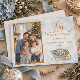 Cartão De Festividades Elegante Foto de Família de Natal em Azul Poeirent